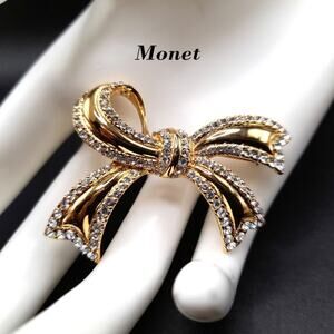 Vintage Monet Rhinestone Bow Brooch, Gold Plated, 1 1/2 Inches